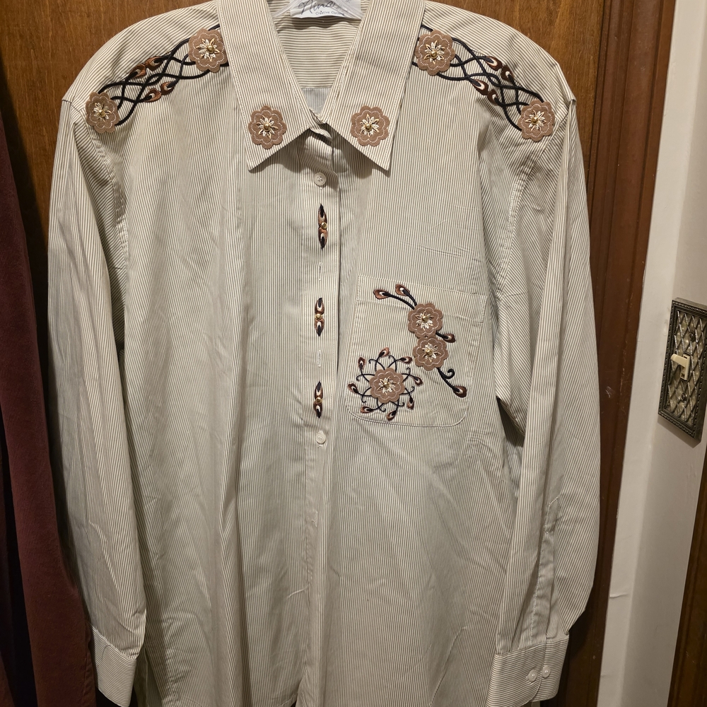 Nina Women's Button Up Shirt - Cream and Brown Stripes